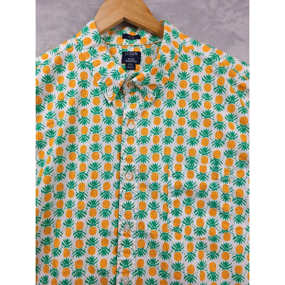 J. Crew Flex Washed Button Down Shirt Men XXL Slim Orange Green Pineapple Print - Picture 2 of 6